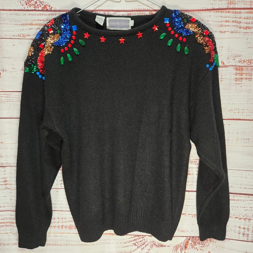 Samantha‎ Starr Vintage Women Silk Angora Rabbit Sequin Beaded Sweater Large